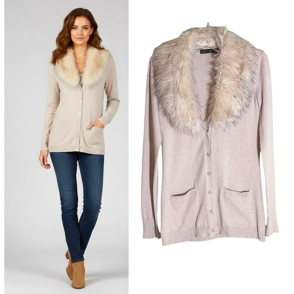 The Limited Cardigan Womens's Sz S Tan Removable Faux Fur Collar Pockets Sweater
